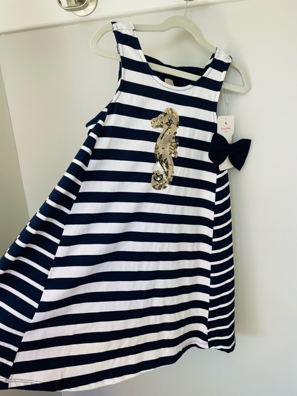 Tommy Bahama Navy & White Striped Girls Dress W Gold Sequin Seahorse & Hair Bow - Picture 4 of 10